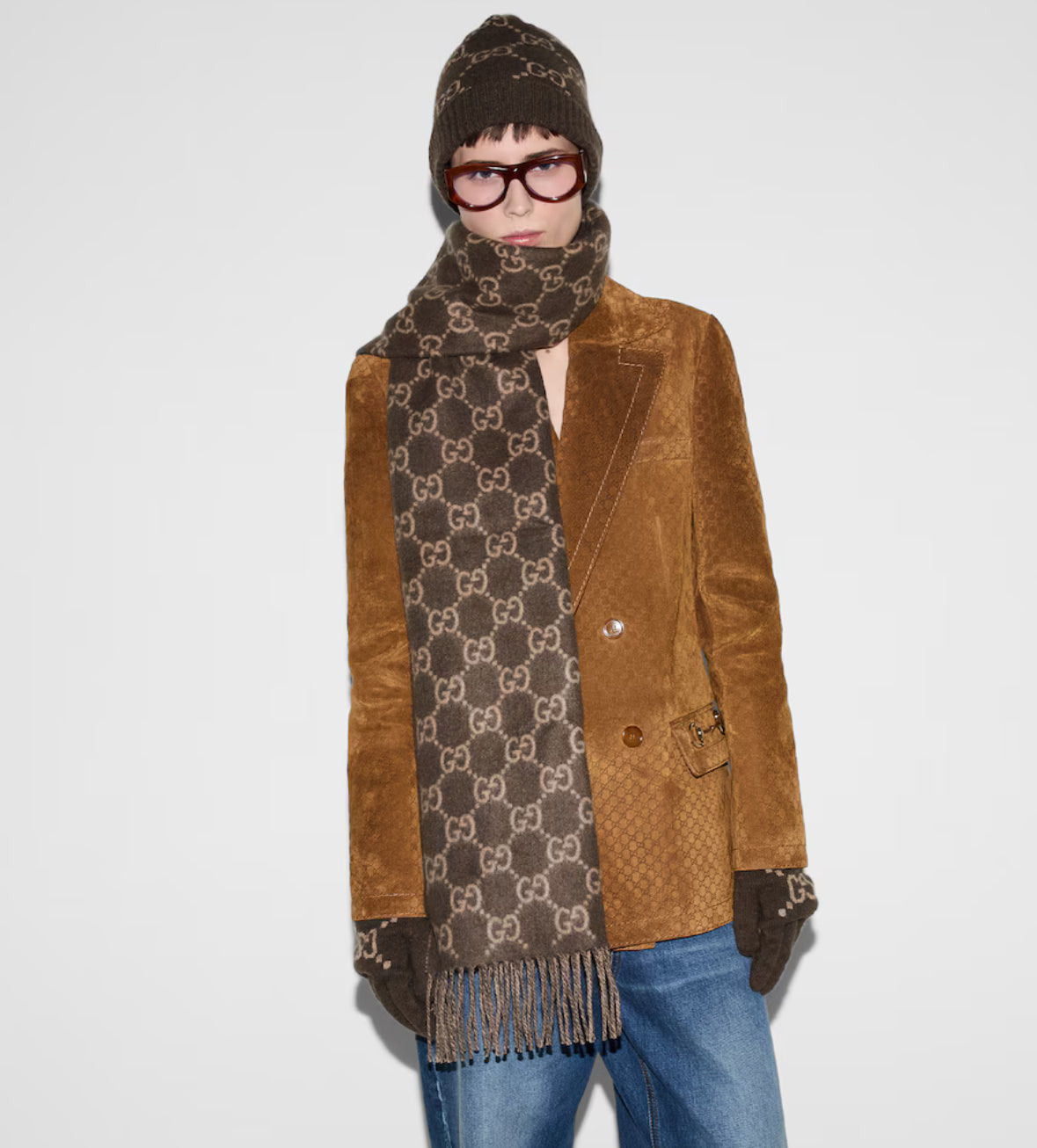 Bonnet et Écharpe en jacquard de cachemire GG marron et beige