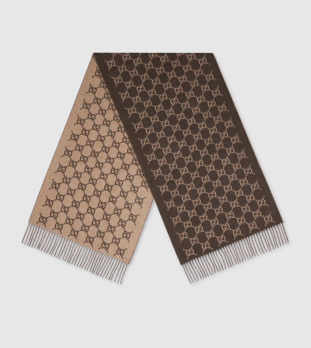 Bonnet et Écharpe en jacquard de cachemire GG marron et beige